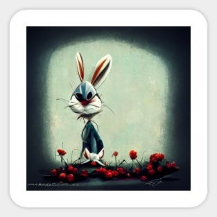 Cartoon sketched bunny rabbit looking less than pleased as he stands in the garden. Sticker